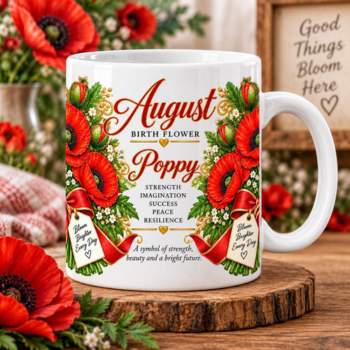August Poppy Birth Flower Mug | 11oz Ceramic Coffee Cup with Bouquet Art