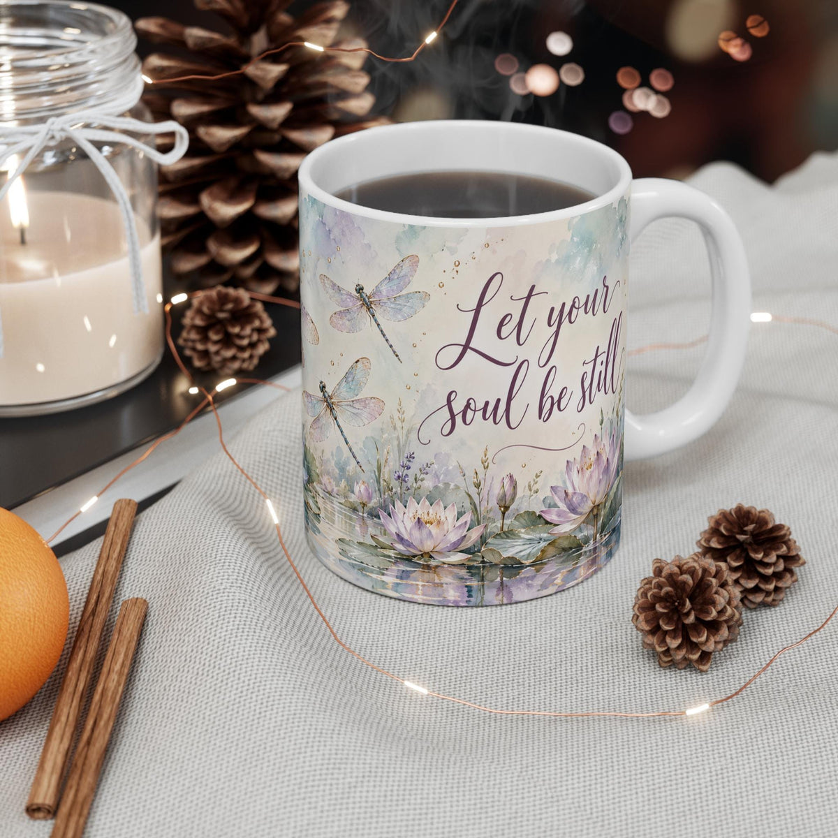 Dragonfly Lotus Om Symbol Mug, Watercolor Floral Spiritual Design