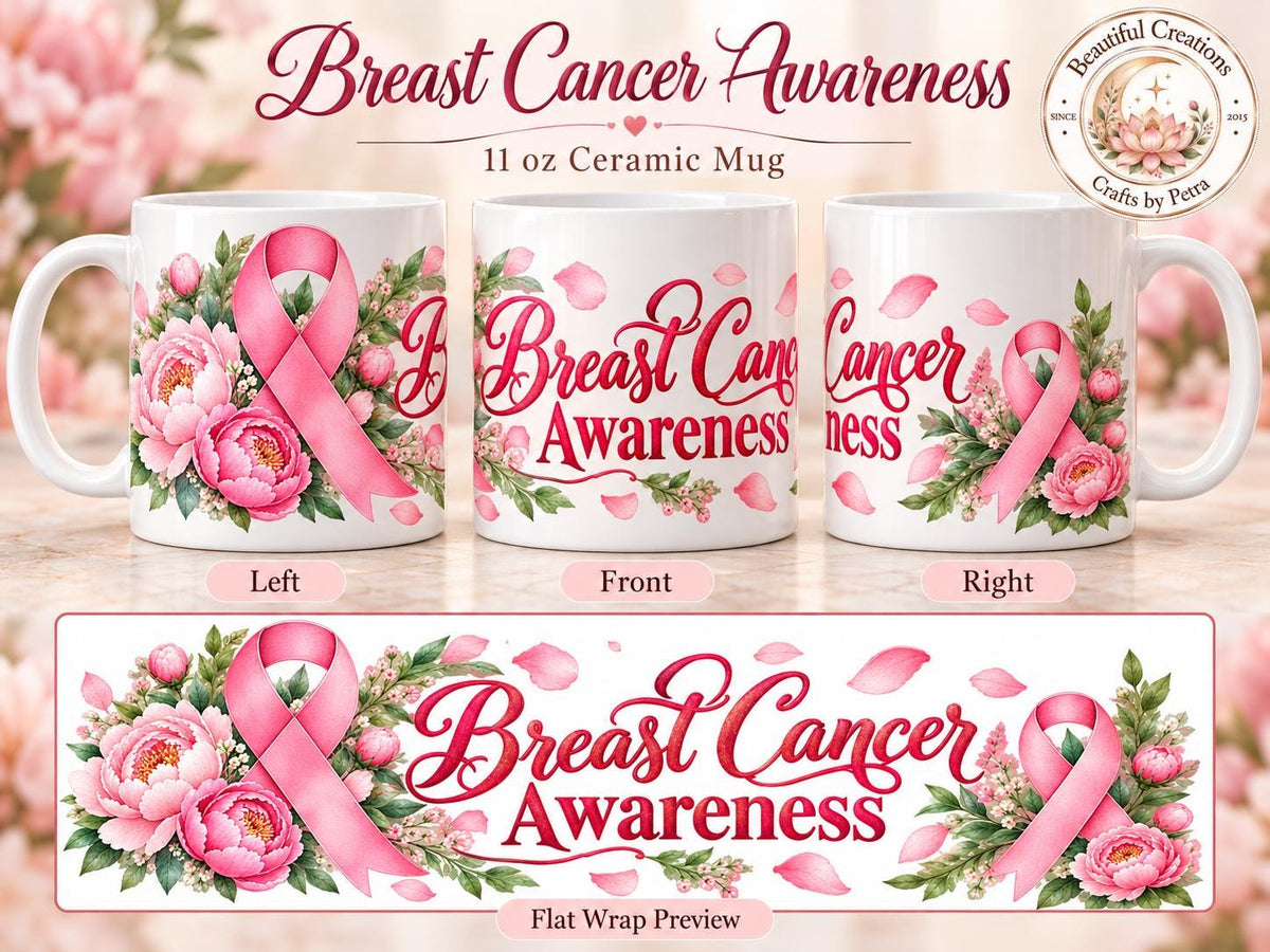 Breast Cancer Awareness Pink Ribbon Mug | Floral 11oz