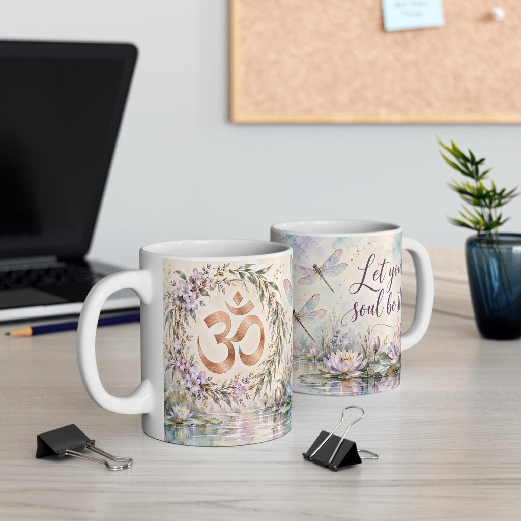 Dragonfly Lotus Om Symbol Mug, Watercolor Floral Spiritual Design
