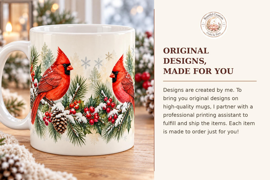 Red Cardinal on Pine Garland Mug | Winter Holiday Coffee Cup