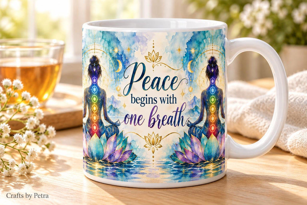 Peace begins with one breath Mug | Chakra meditation lotus design