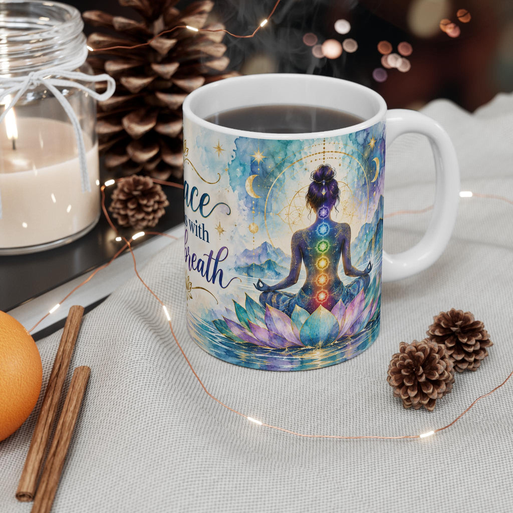 Peace begins with one breath Mug | Chakra meditation lotus design