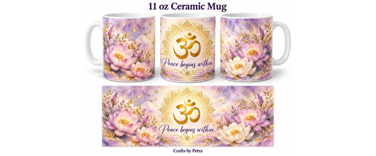 Om Symbol Peace Begins Within Mug, Lotus Flowers 11oz