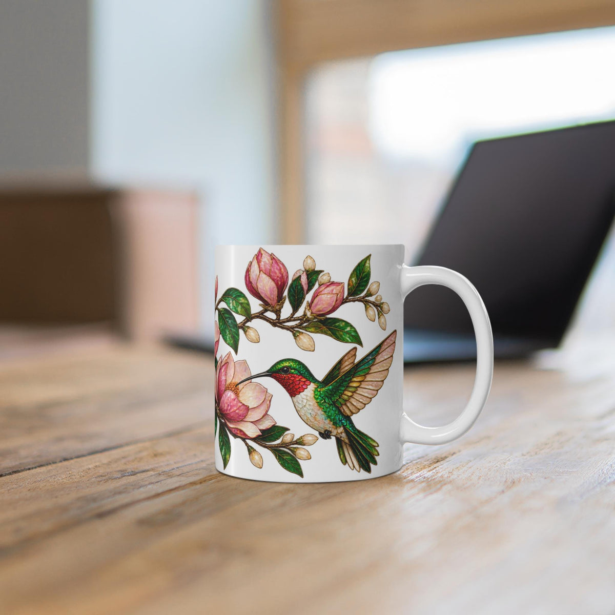 Hummingbird and Magnolia Mug | Floral Bird Illustration Stained Glass