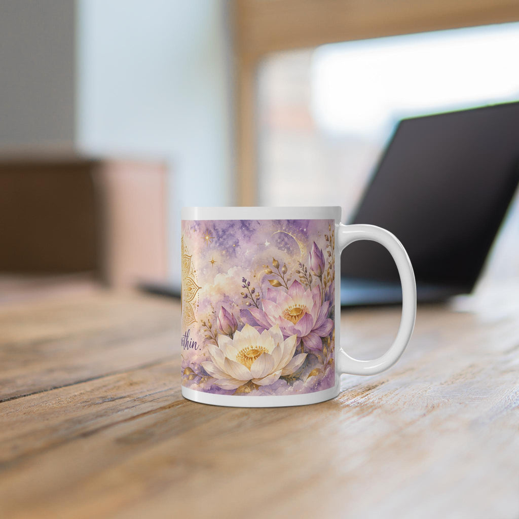 Om Symbol Peace Begins Within Mug, Lotus Flowers 11oz