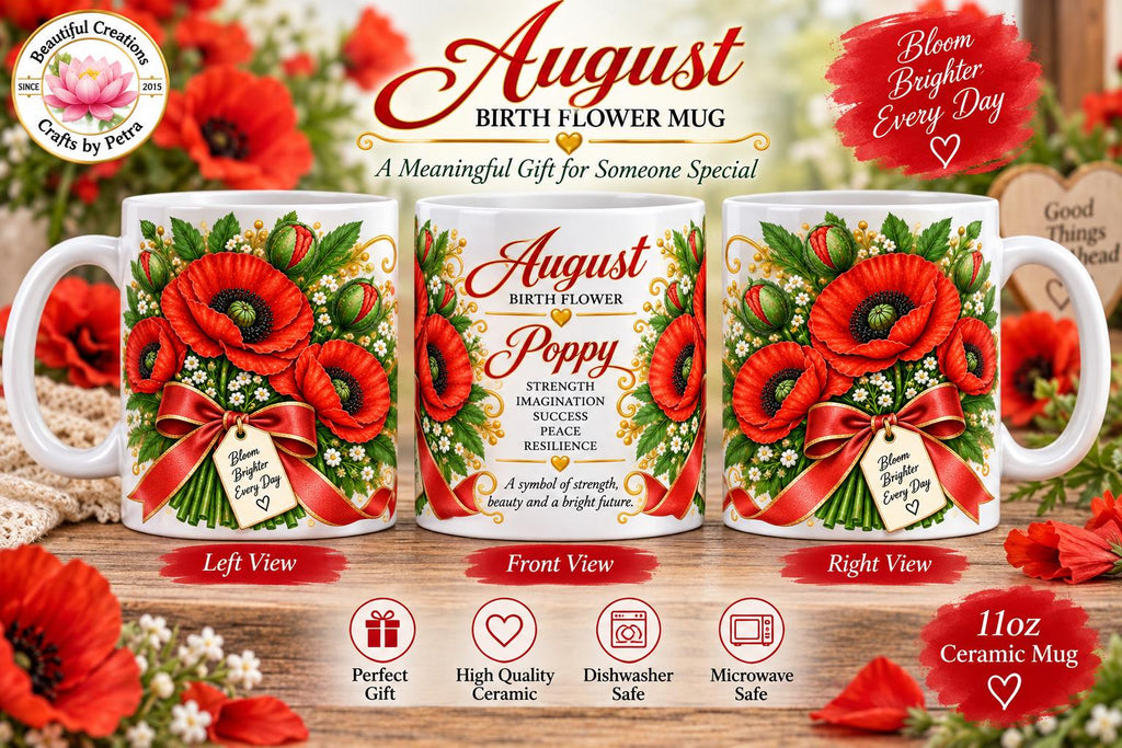 August Poppy Birth Flower Mug | 11oz Ceramic Coffee Cup with Bouquet Art