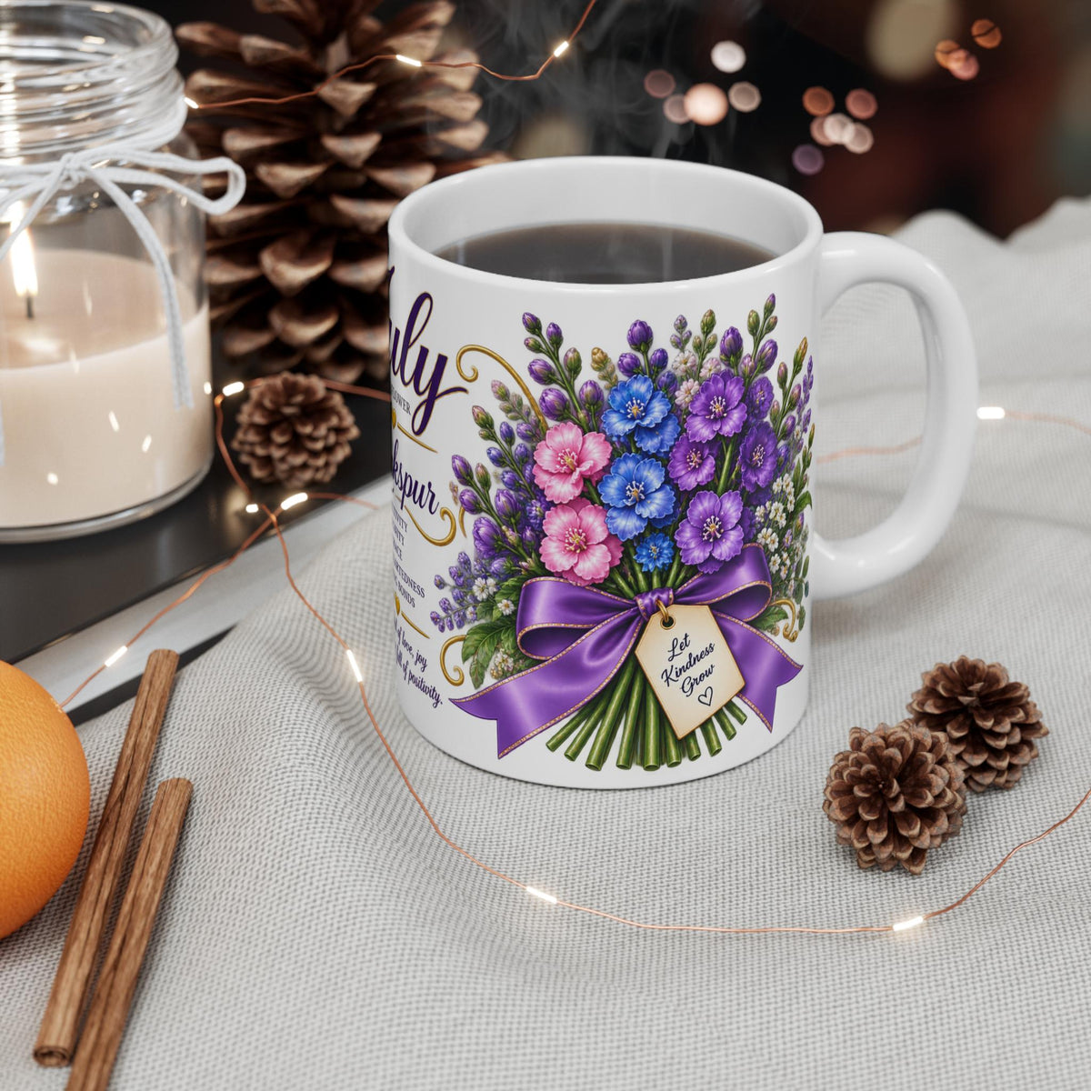 July Larkspur Mug | Birth Flower Bouquet, Floral Birthmonth Coffee Cup