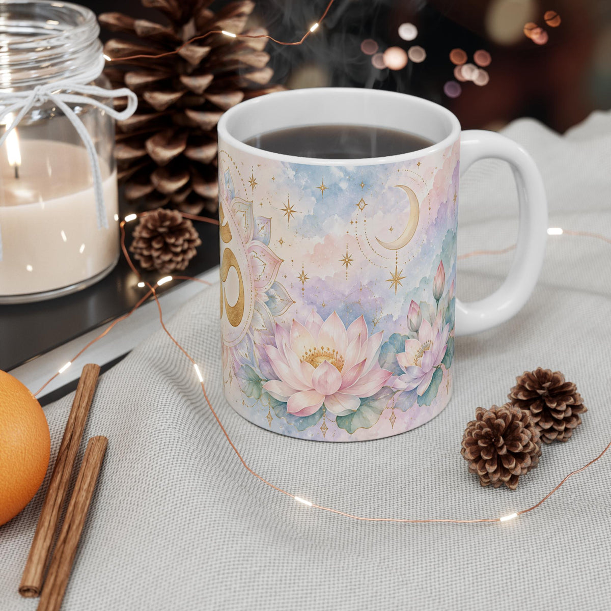 Om Symbol, Lotus Flowers and Crescent Moon Mug