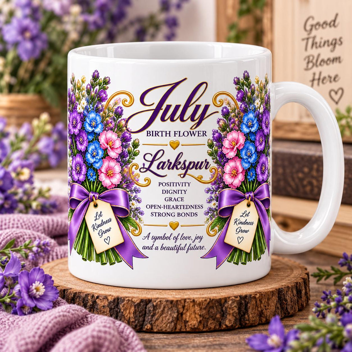 July Larkspur Mug | Birth Flower Bouquet, Floral Birthmonth Coffee Cup