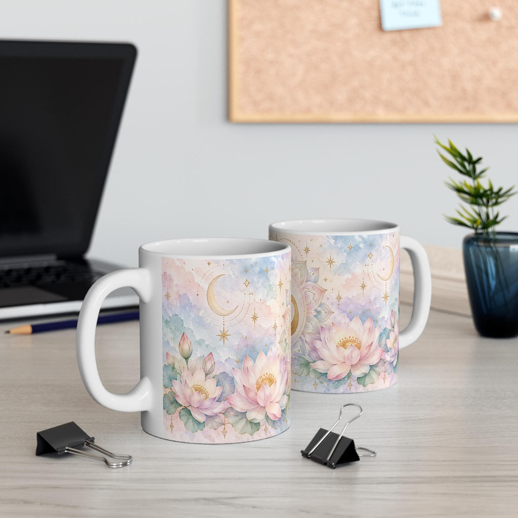 Om Symbol, Lotus Flowers and Crescent Moon Mug