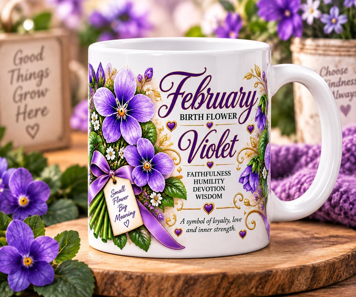 February Violet Birth Flower Mug | Hand-illustrated Floral Ceramic (11oz)