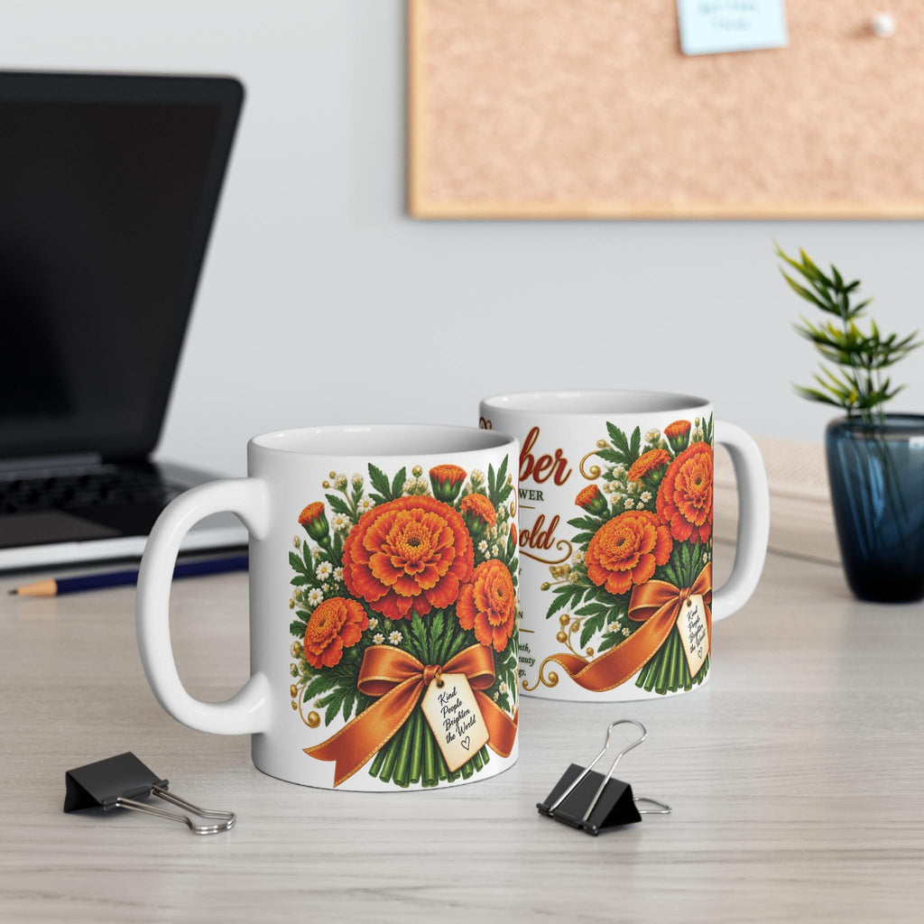 October Marigold Birth Flower Mug | Floral Ceramic Coffee Cup (11oz)