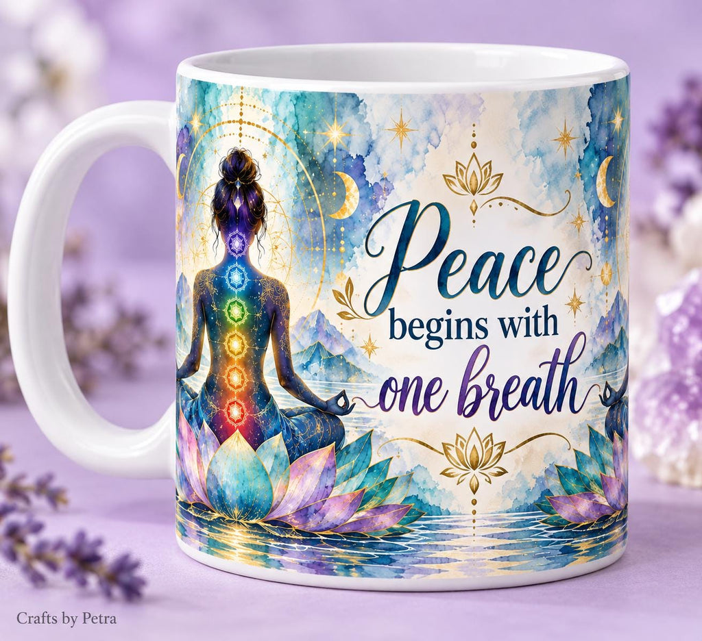 Peace begins with one breath Mug | Chakra meditation lotus design