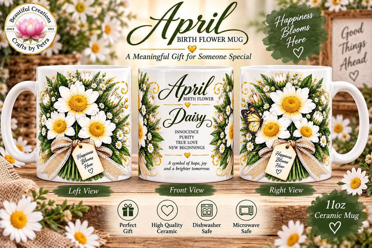April Daisy Birth Flower Mug | April Birthstone Floral Coffee Cup